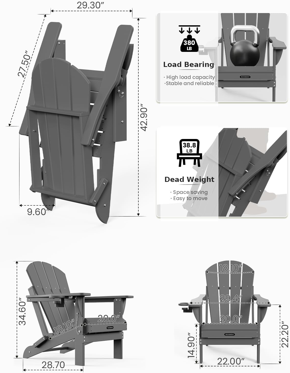 MUCHENGHY Folding Adirondack Chairs, Patio Chairs, Lawn Chairs, Outdoor Chair, Adirondack Chair Plastic, Fire Pit, Weather Resistant with Cup Holder for Deck, Backyard, Garden(Gray)