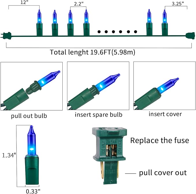 Ultra-Bright Connects End to End Blue Christmas Mini Lights 100L 19.6Ft UL Listed Incandescent Bulb String Light Set for Indoor Outdoor Holiday Garden Party Christmas Tree Garland Decor