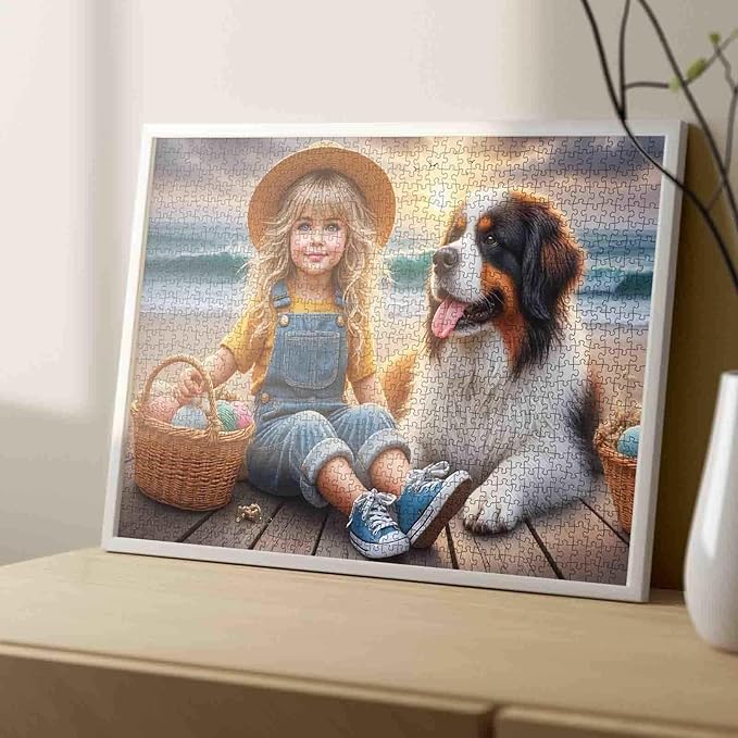 Girl and Dog 1000 Piece Jigsaw Puzzle for Adults, Sunset Beach Ocean Coastal Artwork Puzzles, Family Game Nights Activities, Home Wall Decor DIY Craft Gift and Fun Challenge Puzzle 27x20 Inch
