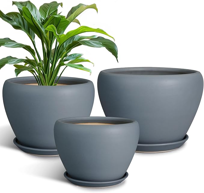 Ceramic Plant Pots - Large Planters for Indoor Plants 10 Inch 8 Inch 6 Inch Plant Pots with Drainage Holes and Saucer Fluted Round Flower Pots Outdoor Set of 3 Gray