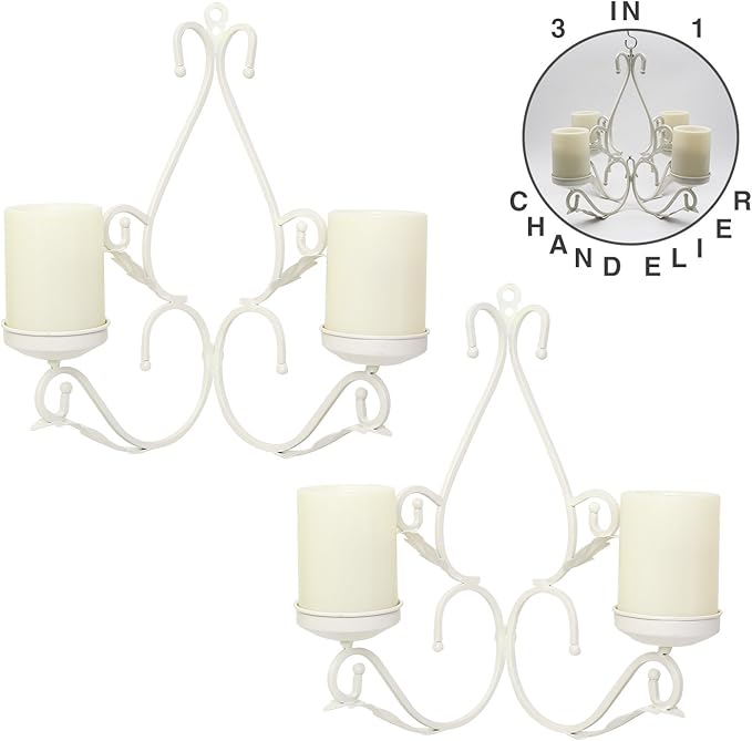 3 in 1 Lighting Chandelier, Metal Wall Sconce Set of 2, Table Centerpiece for Indoor or Outdoor, Chain and Candles Included, White