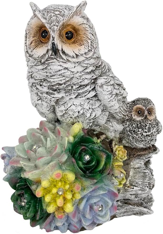 Mother Owl and Child Garden Statue on a Log with Succulent Led Solar Light Outdoor Scuplture Lawn Patio Yard Décor Owl Family Figurine with 7 Led Lights in Plants (Owl Solar)