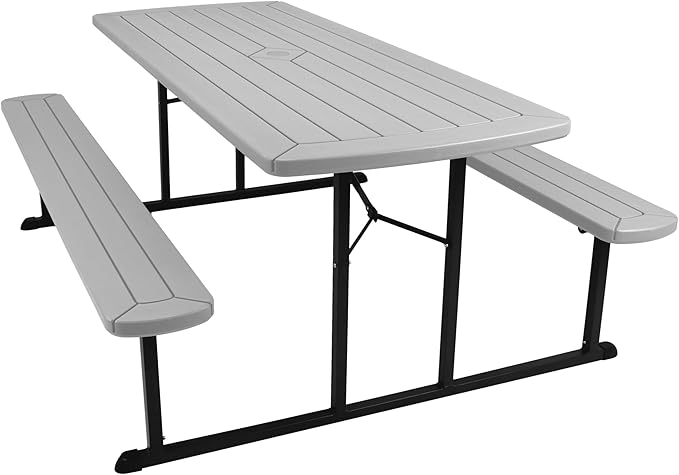 OEF Furnishings Heavy Duty Blow Molded Folding Picnic Table- Light Speckled Grey, Black Frame