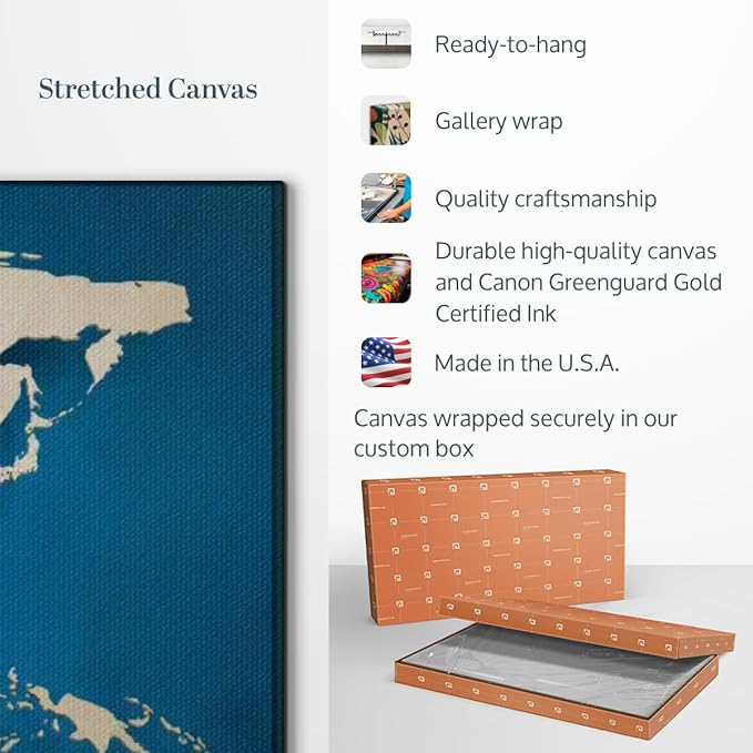 ElephantStock Ocean Blue World Map Multi Piece Canvas - 3 Panel Wall Decor - Map of the World Art - Canvas for the Office and Home - 33" X 20"