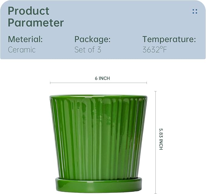 Ton Sin Plant Pots, 6 Inch Flower Pots for Plants,Ceramic Planter with Drainage Holes,Indoor Planter Pots with Saucer,Outdoor Garden Pots (Green, 4 Pack)