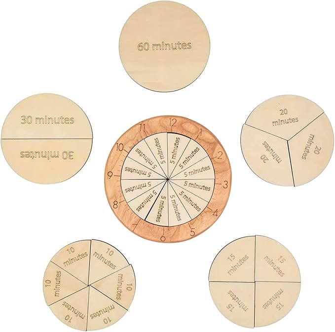 Wooden Time Fraction Learning Clock, Cognitive Education Puzzle Toys for Children Learning to Tell Time Set Up for an Hour (Wood)