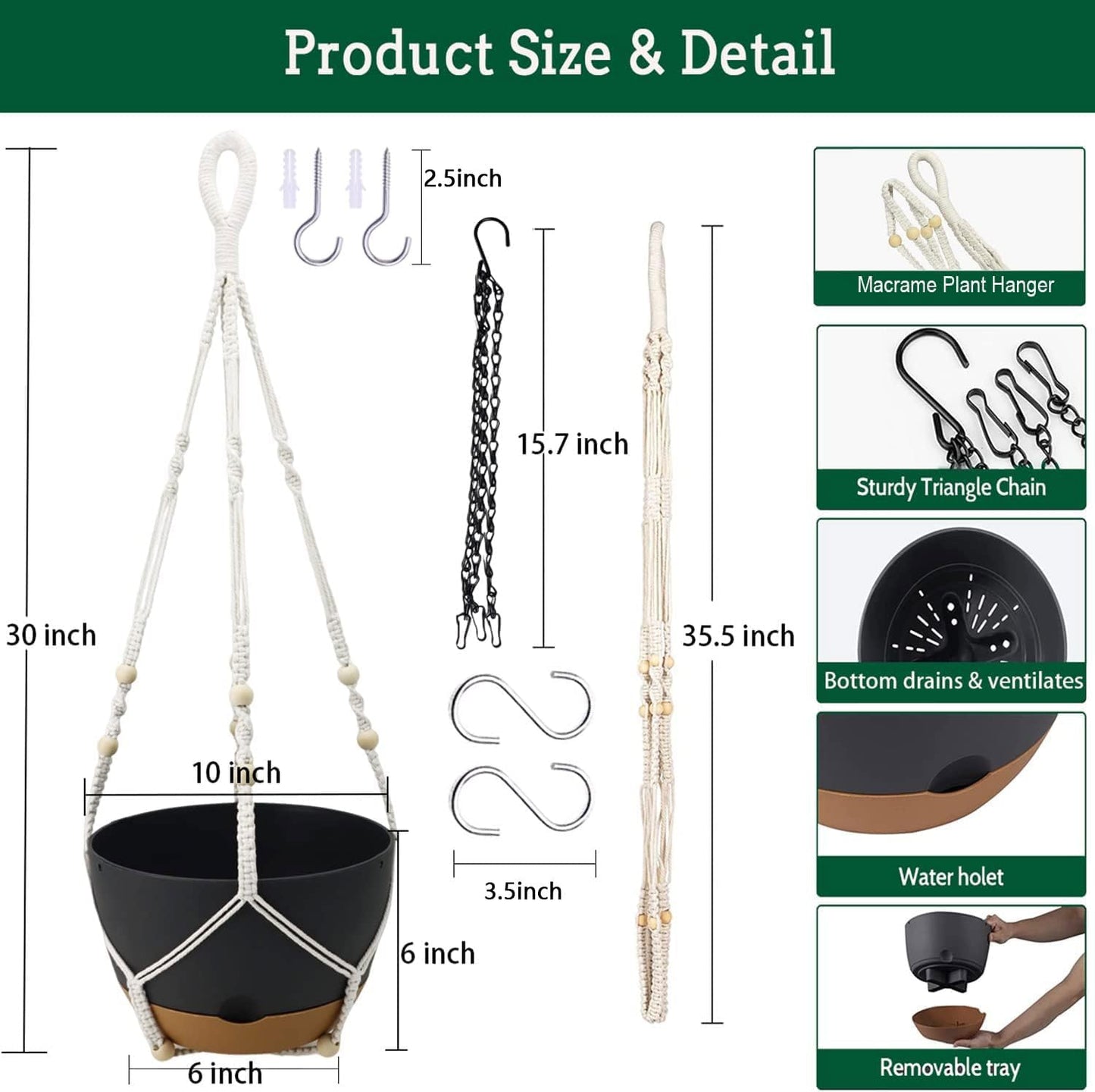 Hanging Planter Self Watering 10 Inch, 2 Pack Indoor Outdoor Hanging Baskets, Hanging Flower Pots with Drainage Hole & 2 Kinds of Plant Hangers for Garden Home Decor(Grey)…