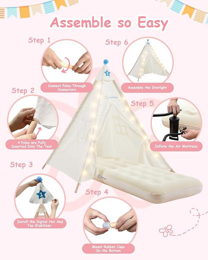 6 Pack Teepee Tent for Kids with Inflatable Airbed, Light, Toddler Tent Children Room Tents, Slumber Party Sleepover Tents, Indoor Outdoor Kids Playtent Playhouse for Girls & Boys