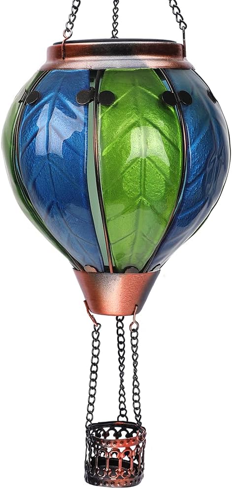Hot Air Balloon Solar Lantern with Flickering Flame Hanging Solar Lanterns Outdoor Lights Waterproof Lanterns Decorative Garden Patio Yard Party Decor Green&Navy