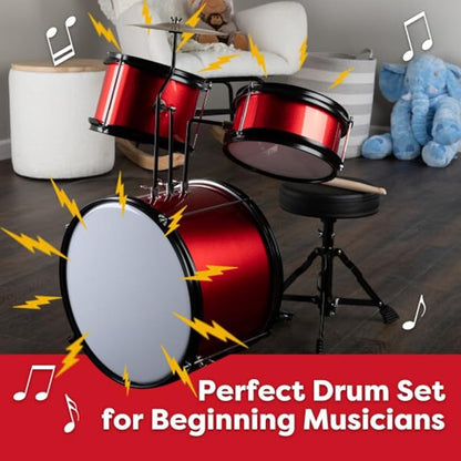 Hey Play Kids 3-Piece Drum Kit - Cymbal, 2 Toms, Bass Drum and Pedal, Drumsticks, and Throne - Beginner Musical Instruments (Red)