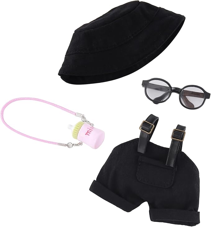 4-Piece 17cm Doll Clothes Set Clothes for Dolls Black Overalls, Fisherman Hat, Glasses & Pendant – 17cm Doll Overalls Accessories Only