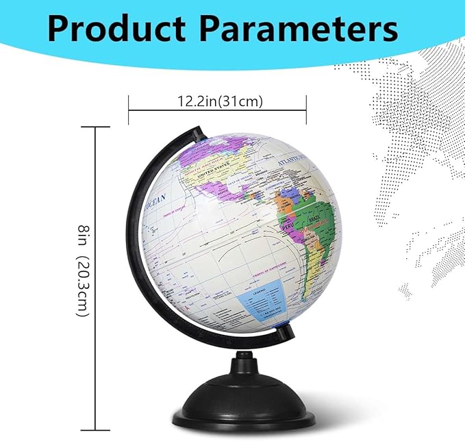 8 Inch World Globe with Stand Rotating Earth Spinning Globe for Kids Geography Classroom Education or Decorations (White)