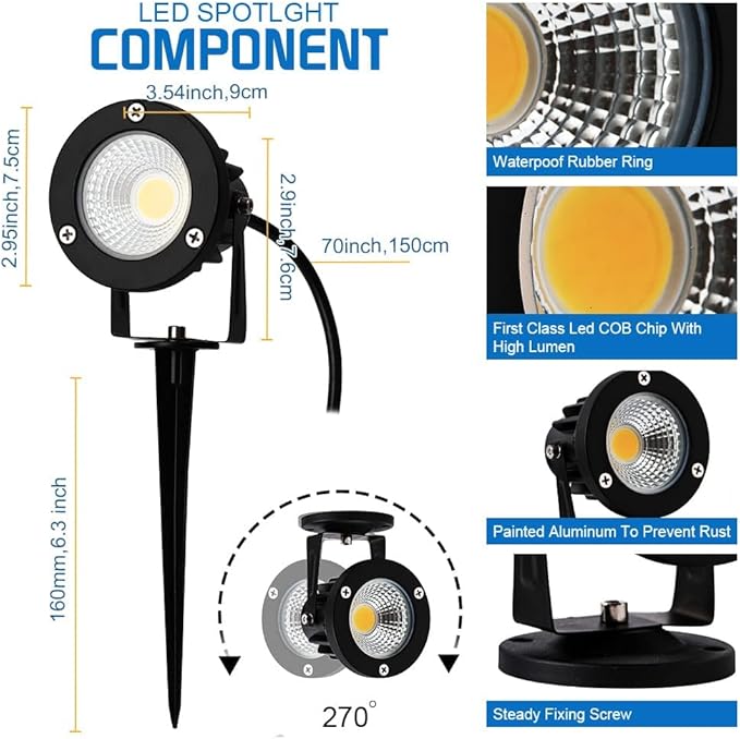 12W LED Landscape Spotlight,120V Landscape Lighting Outdoor for Mounted Flag Pole Light,IP65 Landscape Lights Warm White Garden Decorative Lamp 6FT Cord with US 3 Prong (Base,Stake Included)