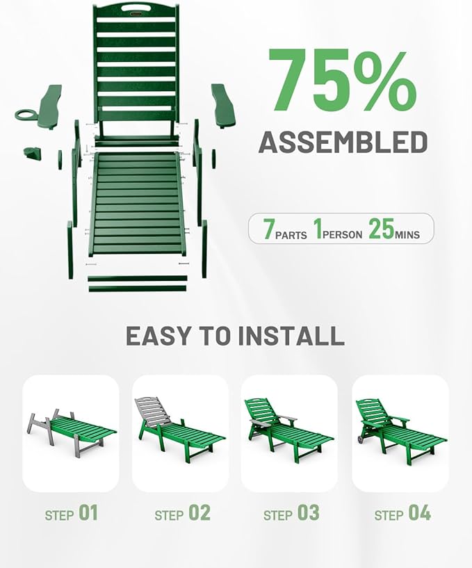 Lounge Chair Outdoor Set of 4 with Wheels, Adjustable 6-Position Chaise Lounge Outdoor, Patio Lounge Chair for Poolside Backyard, Green