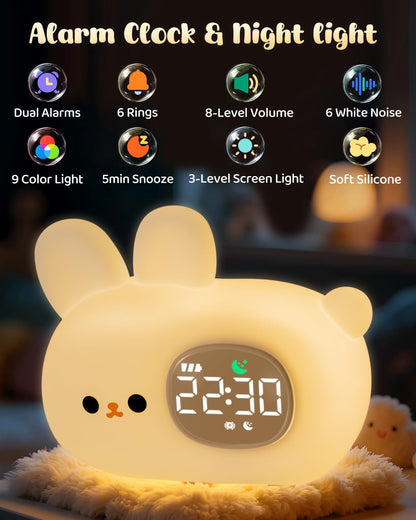 Bunny Alarm Clock for Kids with Night Light, Sleep Training Clock Time to Wake Clock, Rechargeable Silicone Light for Bedroom, Perfect Sleep Companion for Boys Girls