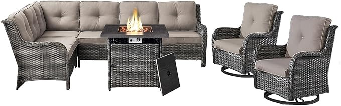 Outdoor Sectional Sofa Furniture Set with Propane Fire Pit Table, Wicker Patio Conversation Set with 2 Swivel Glider Rocker Chairs Grey Cushion Perfect for Backyard Casual Gathering