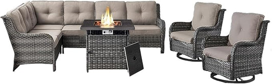 Outdoor Sectional Sofa Furniture Set with Propane Fire Pit Table, Wicker Patio Conversation Set with 2 Swivel Glider Rocker Chairs Grey Cushion Perfect for Backyard Casual Gathering