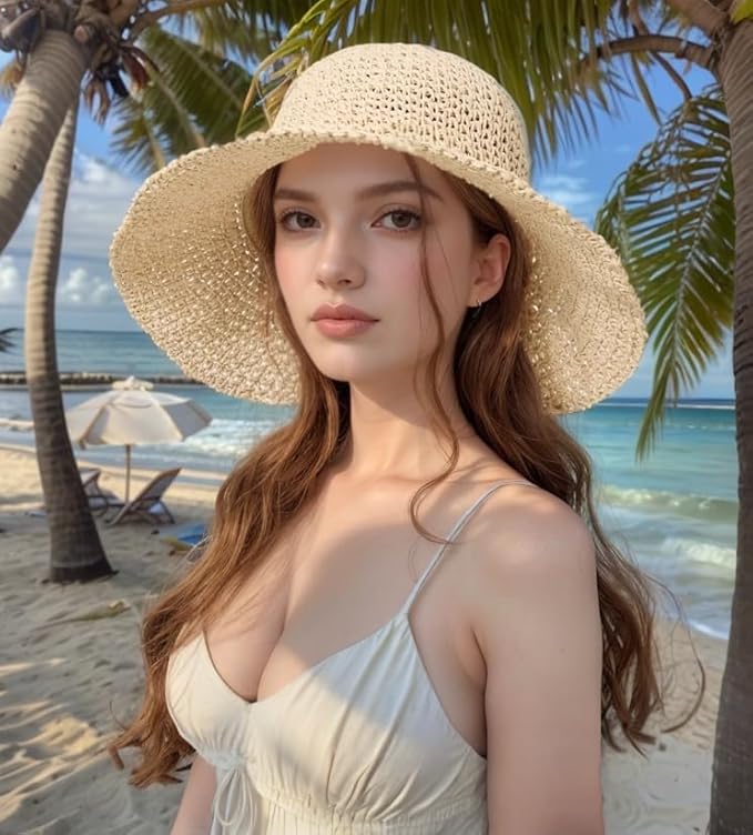 Womens Straw Beach Sun Hats, Foldable Packable Floppy Handmade Crochet Hats for Women,Large Summer Vacation Wide Brim Hat