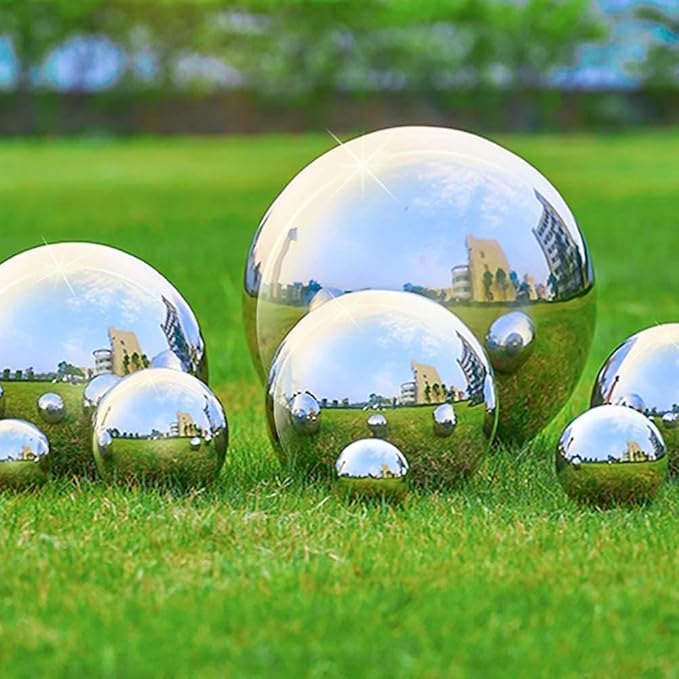 Nerien Gazing Ball, Stainless Steel Garden Mirror Globe, Polished Ornament Sphere, Hollow Floating Reflective Hemisphere, for Home Outdoor Pond Housewarming Swimming Pool Decoration, Silver, 8Pcs
