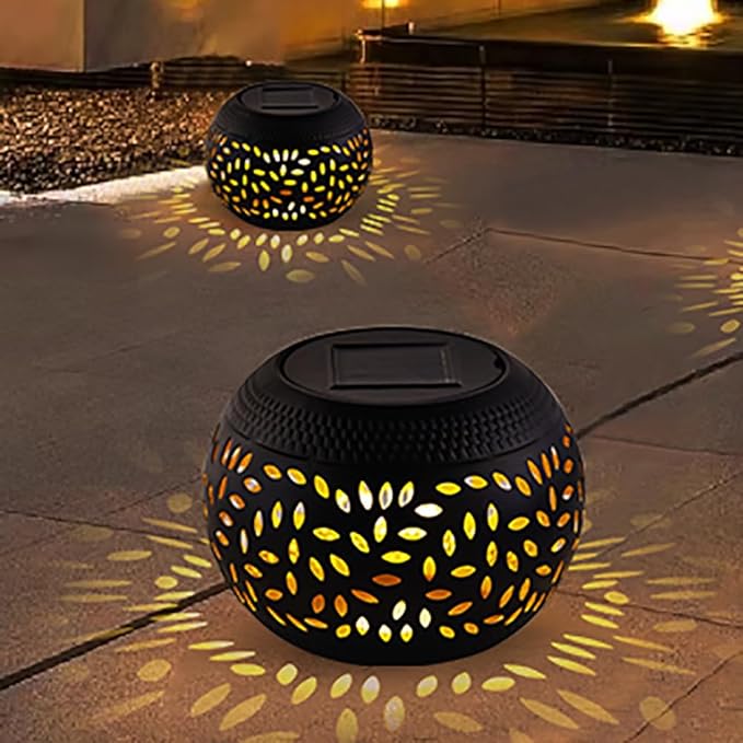 Solar Table Light Outdoor Waterproof- Solar Powered LED Lamp Hollowed-Out Black Metal Desktop Decorative Lantern for Indoor Desk Bedroom Patio Garden Pathway Yard