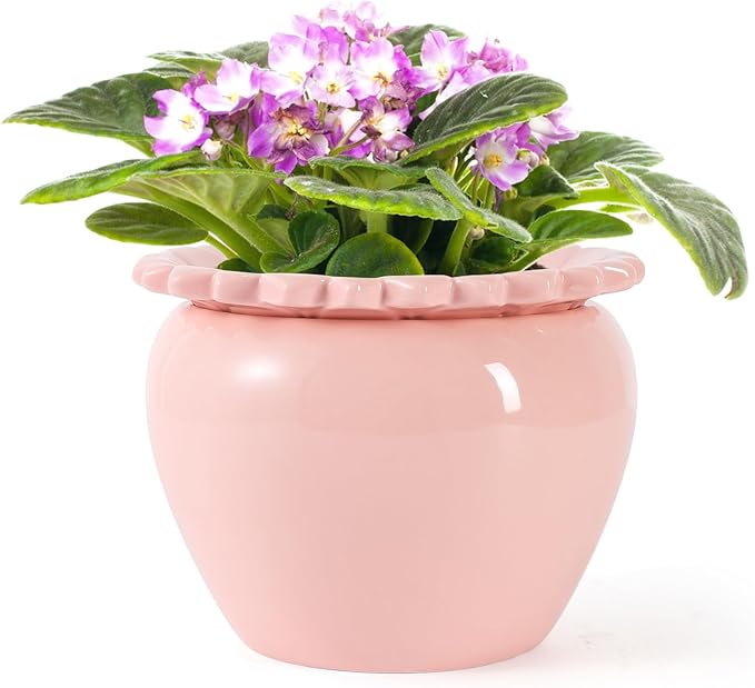 Self Watering African Violet Flower Pot - Pink Ceramic Pot Maintenance, Indoor Plant Self Watering Seeder - 6.5 * 4.6 Inch High Absorption Plant Inner Flower Pot