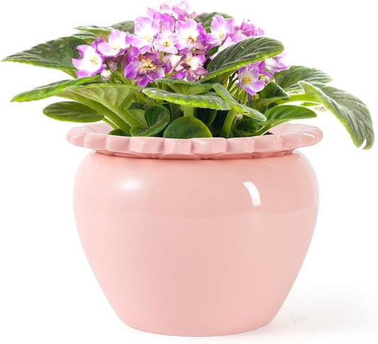 Self Watering African Violet Flower Pot - Pink Ceramic Pot Maintenance, Indoor Plant Self Watering Seeder - 6.5 * 4.6 Inch High Absorption Plant Inner Flower Pot