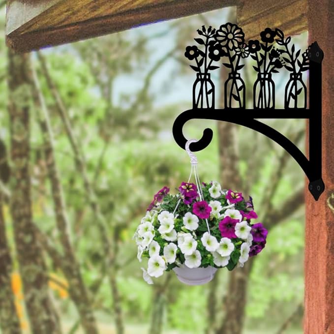 peacoblue Iron Plant Hangers Hooks for Outdoor Indoor Hanging Plants Flower Fern Pots Lantern Bird Feeder,12"x15" Weather Resistant Metal Wall Holder for Porch Garden Farmhouse(Vase and Wildflower)