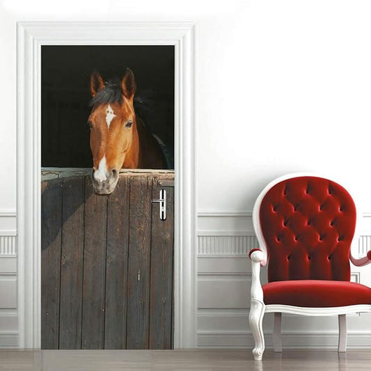 Horse 3D Door Stickers Murals - Peel & Stick - Waterproof & Washable - Matt Finish - Rustic Style - Animal Pattern - Adults - Wall & Door - 37.4" x 84.6"