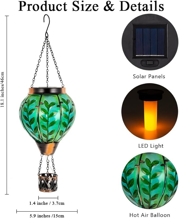 Green Leaf Hot Air Balloon Solar Lantern with Flickering Flame Light,Glass Hanging Solar Lanterns Outdoor Waterproof Hot Air Balloon Decor for Patio Party Yard Tree,Garden Gifts for Women Mom