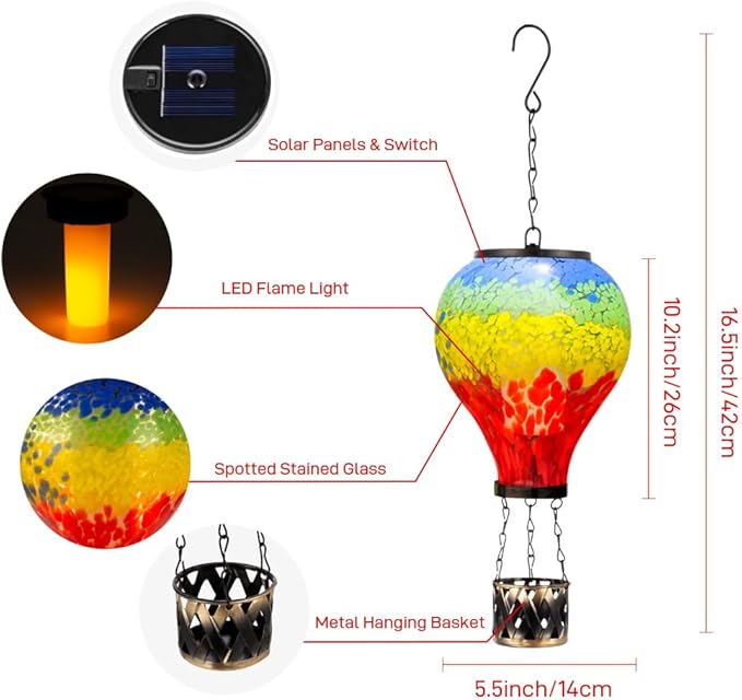 Starsoul Hot Air Balloon Solar Lantern with Flame Glass Hot Air Balloon Solar Light Waterproof Hanging Outdoor Lantern for Garden Yard Patio Decor