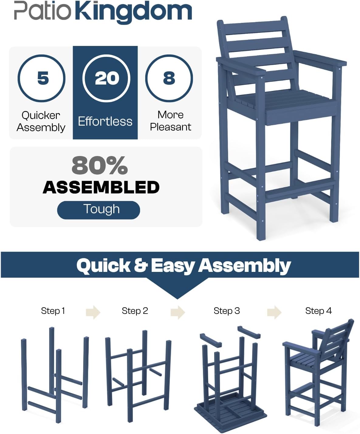 3-Piece Outdoor Bar Set with Beige 9FT Patio Umbrella, HDPE Tall Balcony Adirondack Chairs and Table, All-Weather Outdoor Bar Stools for Patio (Navy Blue)