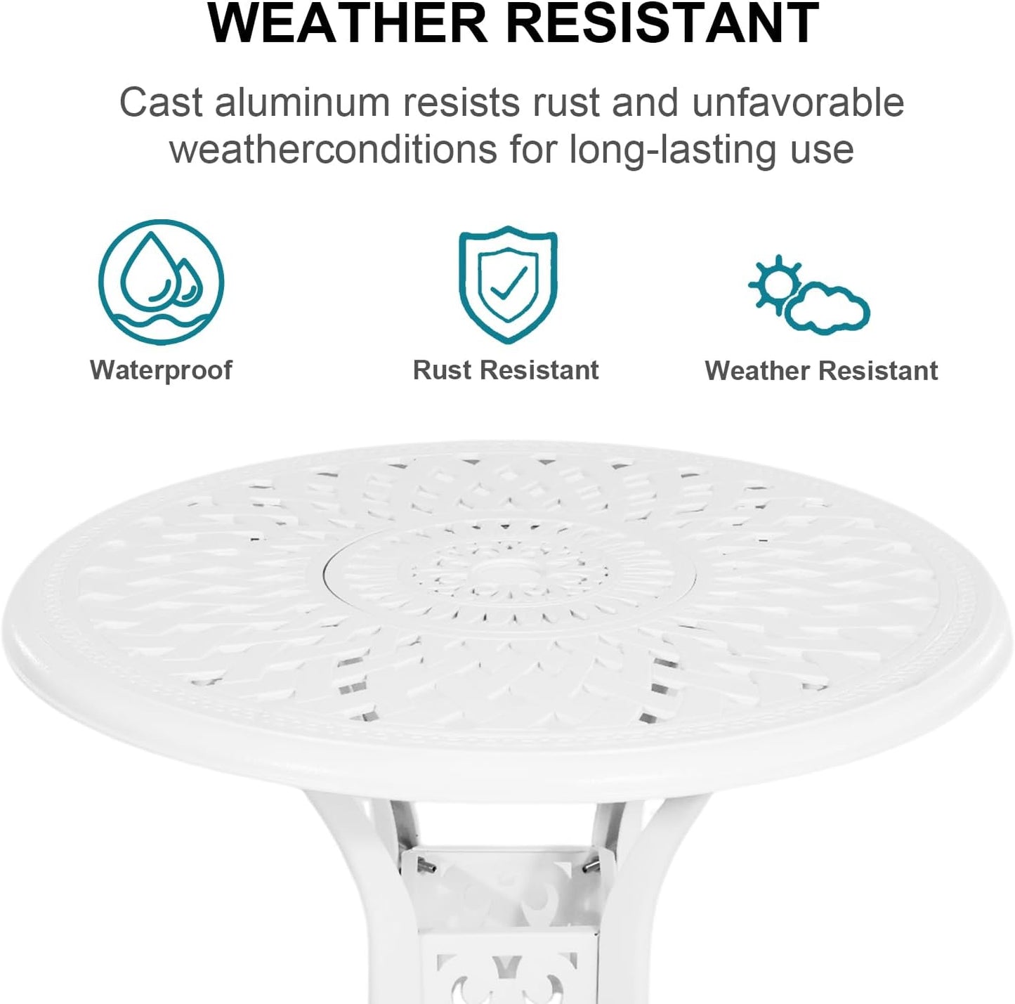 Outdoor Patio Table and Chairs Patio Dining Furniture Set Cast Aluminum Outdoor Table and Bistro Chairs for Garden (White, 3 Piece Round Table Set)