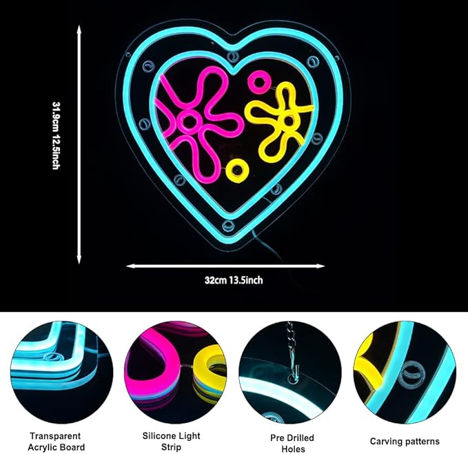 Cartoon Sea Wolrd Neon Lights Ocean World Porthole Neon Signs Heart Shaped Porthole Neon Light Up Sign Led Ocean Neon Sign for Bedroom Birthday Gifts for Kids USB Powered,Size13.5 * 12.5inch(JWD026)