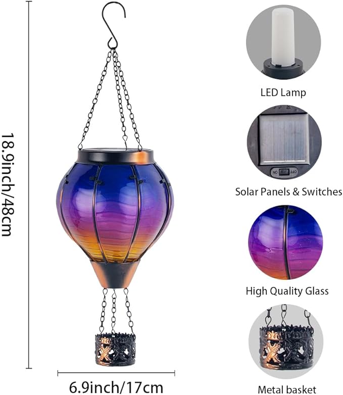Starsoul Glass Solar Hot Air Balloon Flickering Flame Hanging Garden Light Purple Hot Air Balloon Solar Lantern with Large Basket Waterproof Hot Air Balloon Solar Lamp Decor