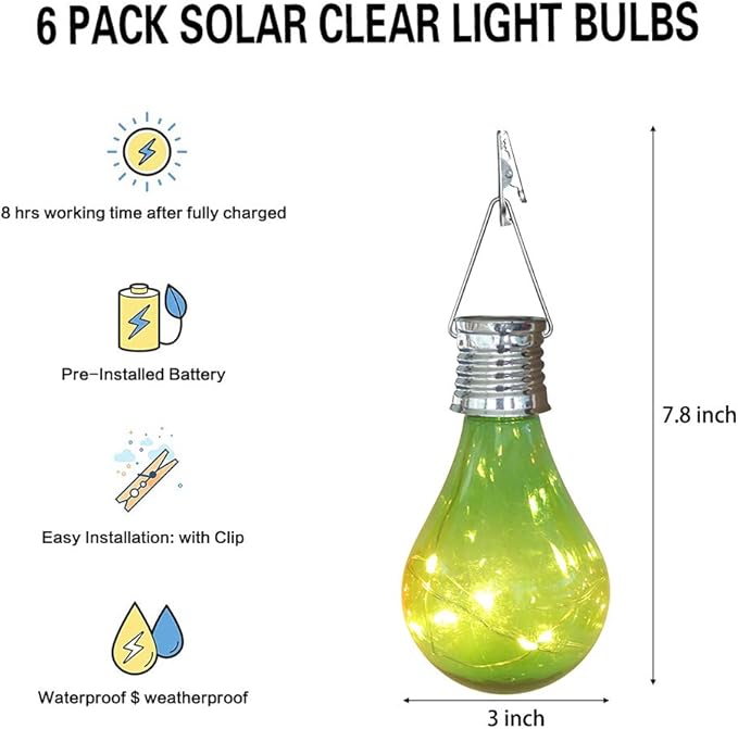 pearlstar Solar Light Bulbs Outdoor Waterproof Garden Camping Hanging LED Light Lamp Bulb Globe Hanging Lights for Home Yard Christmas Party Holiday Decorations (6 Pack-Solar Light Bulbs)
