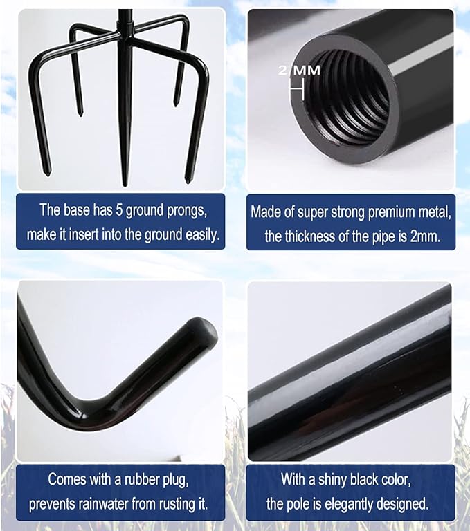 Shepherds Hook for Outdoor Bird Feeders Pole 92 Inch Tall, Adjustable Heavy Duty Garden Hanger Stake Pole with 5 Prong Base, Shiny Black (2 Packs)