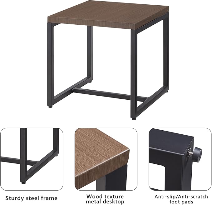 Patio Tables Outdoor Coffee Table - Steel Side Tables End Table for Proch Deck Balcony Garden Squre Brown Tabletop