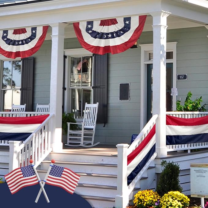 4Pack American Bunting Flag 2x4 Ft Patriotic Bunting Flags 4th of July Decor Outside Porch USA Pleated Half Fan Flag Decorate Garden Embroidered Star Red White & Blue Stripe Banner