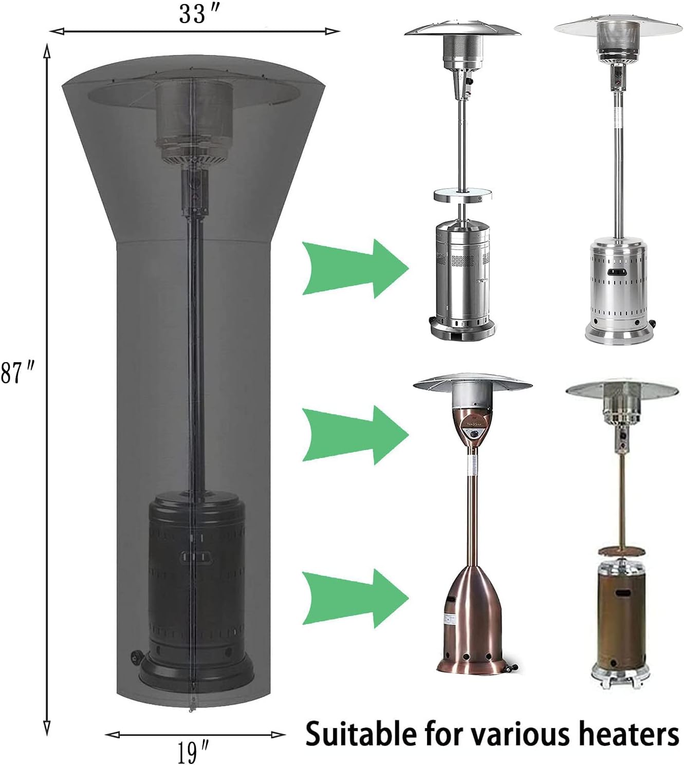 Siruiton Patio Heater Covers with Zipper & Air Vent - Waterproof, Dustproof, Wind-Resistant, UV/Snow-Resistant, 420D - Black (2 Pack, 87" Height x 33" Dome x 19" Base)