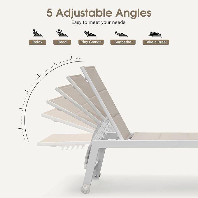 PURPLE LEAF Outdoor Chaise Lounge Adjustable Sunbathing Recliner with Side Table Khaki 2 Sets