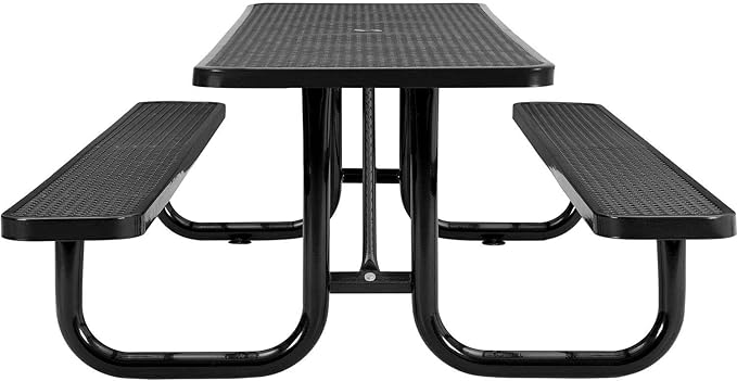 Global Industrial 8’L Rectangular Picnic Table, Expanded Metal, Black Thermoplastic Coating, Attached Benches, 1-1/2” Umbrella Pole Hole, Outdoor-Rated, 1000 lb Capacity, 96” x 30” Tabletop
