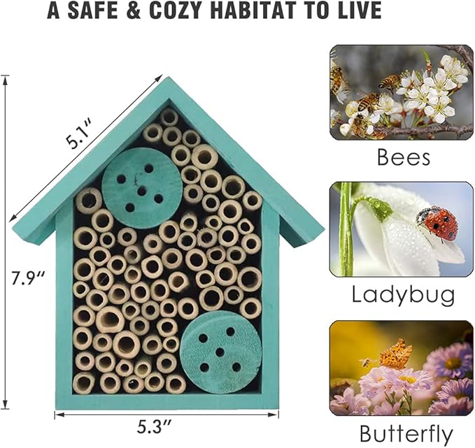 Mason Bee Houses Outdoor Wooden Blue Bee Hotel for Garden and Yard Hand-Made Bamboo Bee Hive for Bees Butterflies and Ladybugs, Medium Size 8"x7.5"x5"