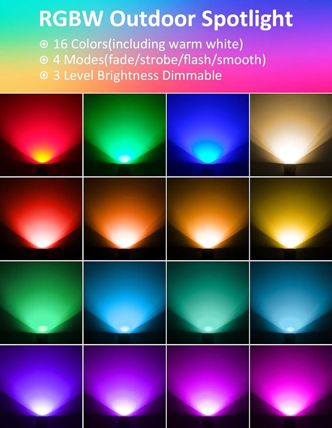 RGB Spotlights Outdoor, Color Changing Landscape Lights, Waterproof Spotlight with US Plug for Yard Tree Garden Path House Halloween Christmas Decoration, 4 Pack