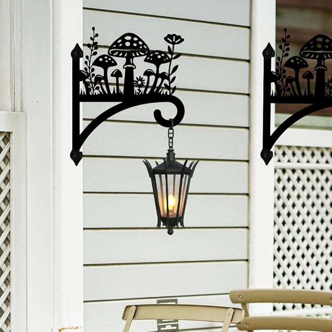 peacoblue Iron Plant Hangers Hook for Outdoor Indoor Hanging Plant Flower Fern Pot Lantern Bird Feeder,12"x15" Weather Resistant Metal Wall Holder for Porch Garden Farmhouse(Mushroom and Wildflower)