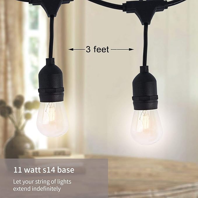 FRIDEKO HOME Waterproof Outdoor String Lights - 12Ft Commercial Grade Patio Lights Heavy Duty Light String Hanging Light Fixture with 11W S14 Bulbs for Deckyard Garden Porch Party Decor