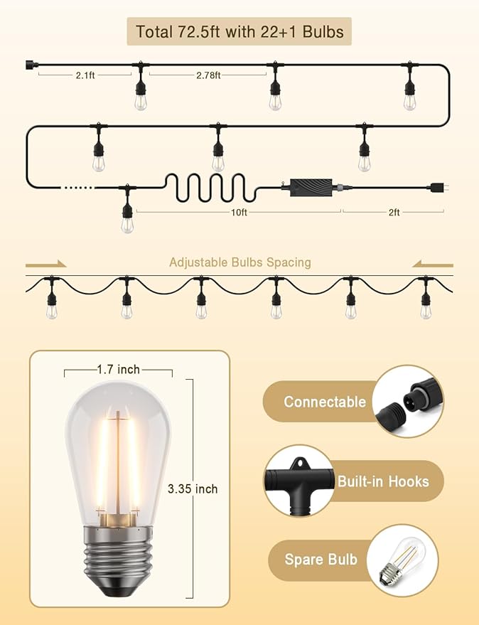XMCOSY+ Outdoor String Lights, Smart Patio Lights 72.5Ft, APP WiFi Control, Compatible with Alexa, Waterproof Dimmable Edison Outdoor Lights for Patio Outside