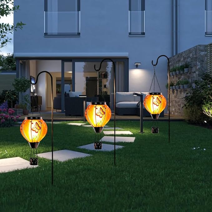 Starsoul Butterfly Hot Air Balloon Solar Lantern with Flickering Flame Light Glass Solar Powered Hot Air Balloon Lamp Waterproof Hanging Outdoor Solar Lantern for Yard Porch Backyard Decor