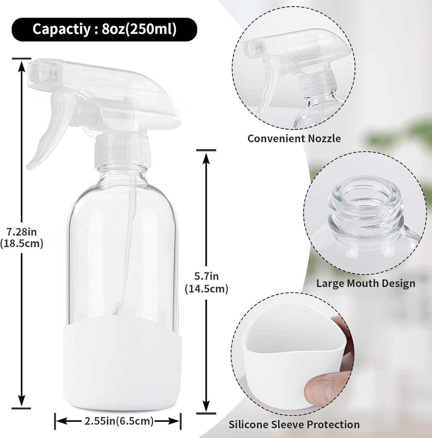 HOMBYS 8 Oz Empty Clear Glass Spray Bottles with Silicone Sleeve Protection Refillable Containers for Cleaning Solutions, Essential Oils, Misting Plants - Quality Sprayer - 1 Pack Boston Bottles