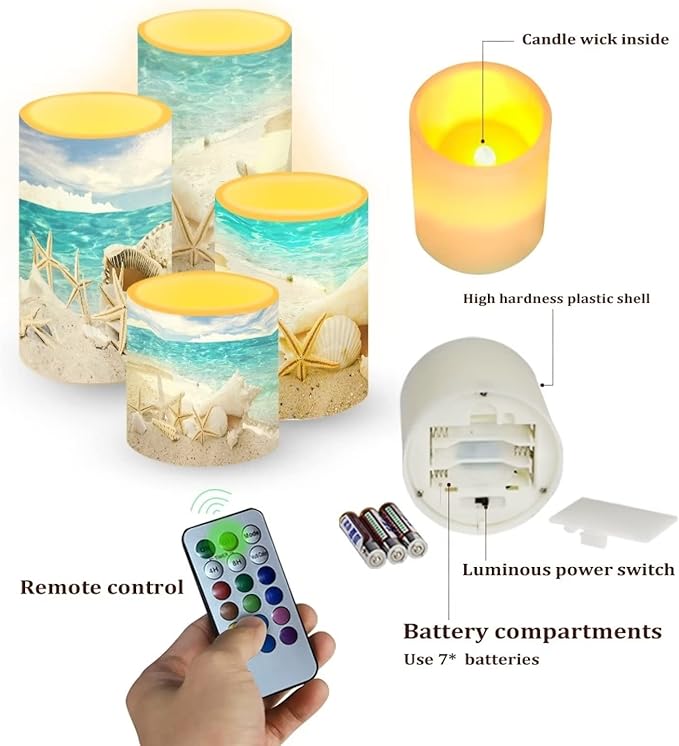 Flameless Candles Battery Powered with Multicolor Timer Remote Control Everlasting Fake Candles for Party Garden Indoor Outdoor Coastal Decor, Beach Coastal Multi