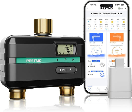 RESTMO Smart Sprinkler Timer with Flow Meter, 2 Zone Water Timer for Garden Hose, Brass Inlet & Outlet, Automatic Lawn & Yard Irrigation Watering System, APP Remote Control (2.4Ghz WiFi Connection)